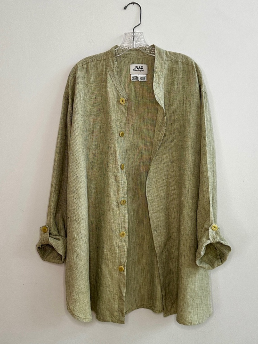 FLAX Women's SZ L 100% Linen Summer Long Green Duster, Tunic, Jacket, Shirt